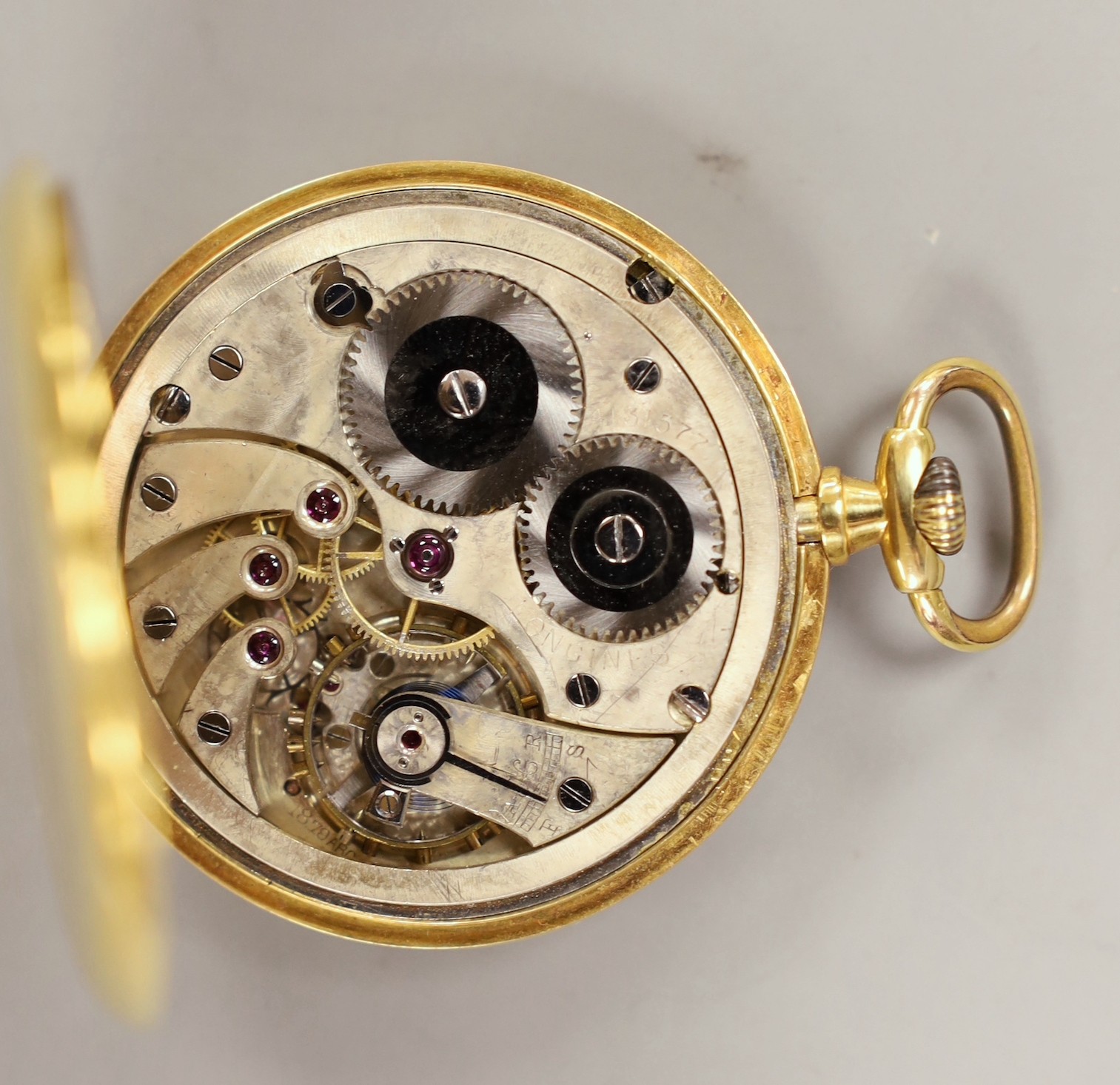 An 18k Longines open face keyless dress pocket watch, with Arabic dial and subsidiary seconds, case diameter 47mm, gross weight 56.5 grams.